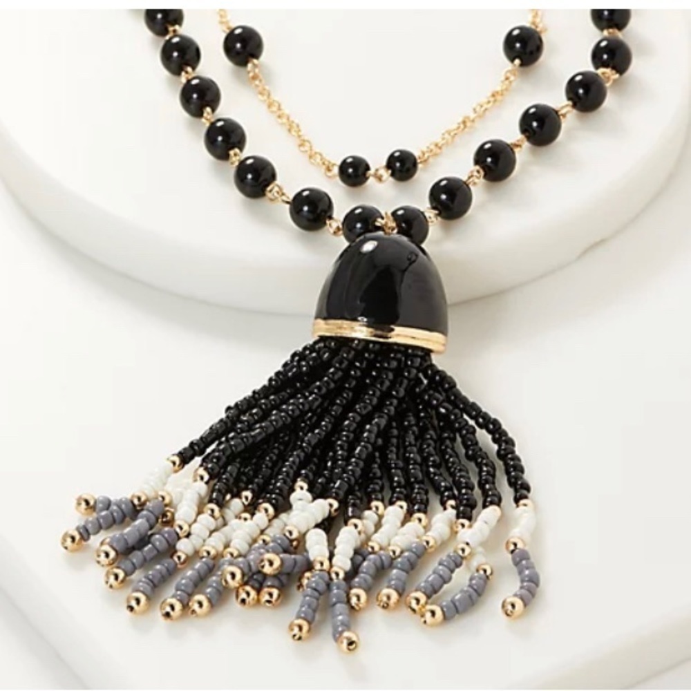 🆕 Isaac Mizrahi Live! Double Row Beaded Tassel Necklace Black